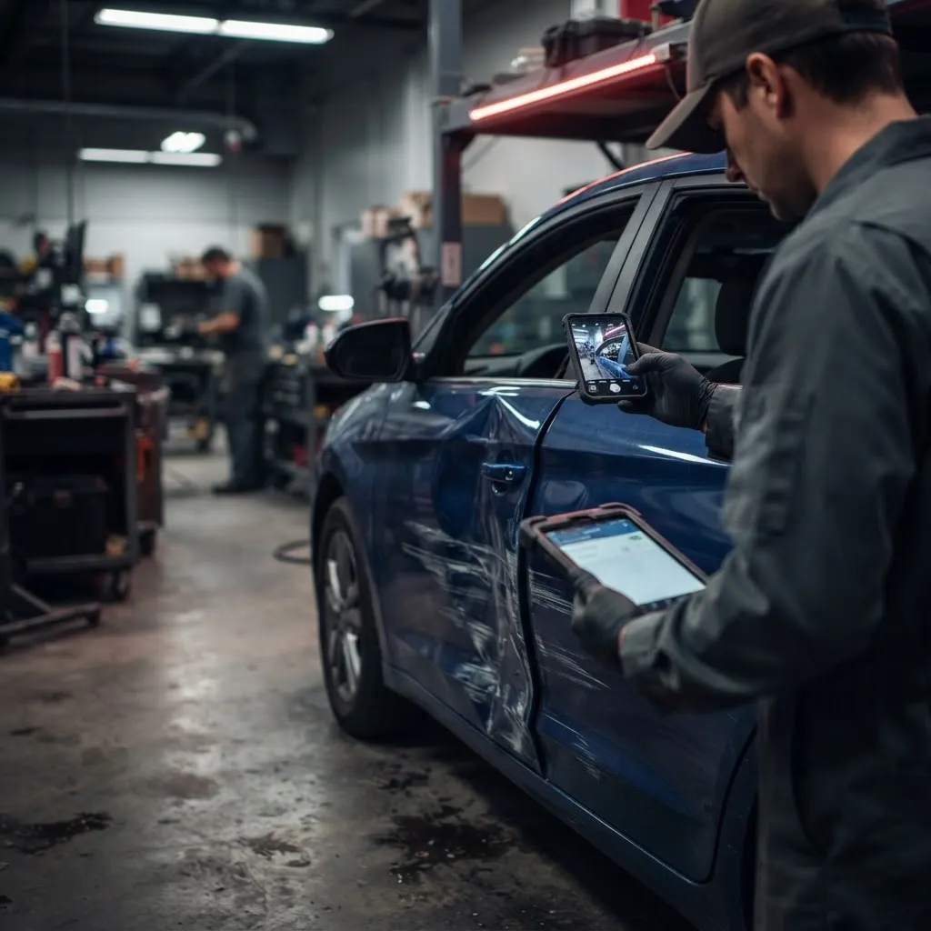 Technician documenting vehicle damage on a tablet for the insurer